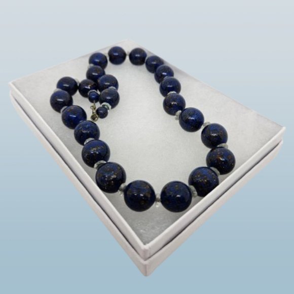 Vintage Lapis Blue/Clear 13-14MM Beaded 16" Necklace - Picture 1 of 9